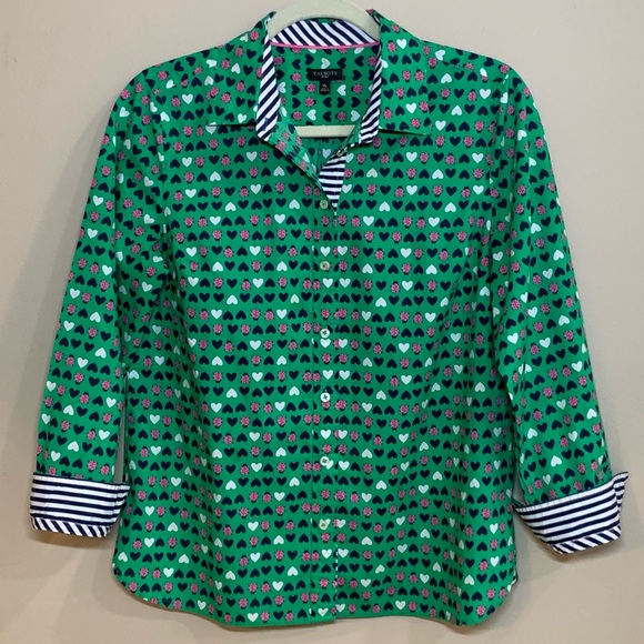 Talbots Green and Pink Vintage Heart and Ladybug Print Blouse, EUC, Med Petite - Picture 1 of 8